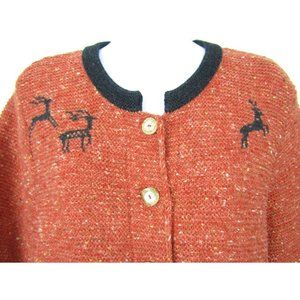 Steffner Country Sweater Cardigan Deer Reindeer Button Front Wool Blend